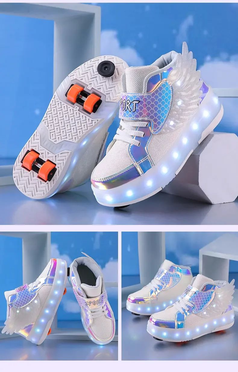 USB Chargable LED Light Up Roller Shoes Wheeled Skate Sneaker Shoes for Boys Girls Kids Light up Flashing High-top Wings Sneakers Boys Girls Trainers for Festivals  Party Great Gifts 29-38 Size