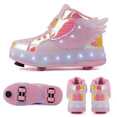 USB Chargable LED Light Up Roller Shoes Wheeled Skate Sneaker Shoes for Boys Girls Kids Light up Flashing High-top Wings Sneakers Boys Girls Trainers for Festivals  Party Great Gifts 29-38 Size