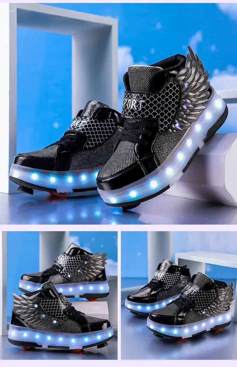 USB Chargable LED Light Up Roller Shoes Wheeled Skate Sneaker Shoes for Boys Girls Kids Light up Flashing High-top Wings Sneakers Boys Girls Trainers for Festivals  Party Great Gifts 29-38 Size