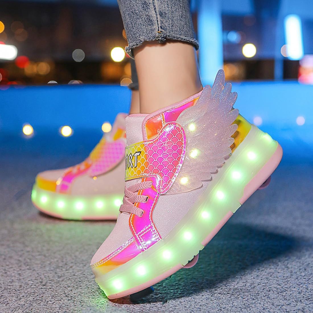 USB Chargable LED Light Up Roller Shoes Wheeled Skate Sneaker Shoes for Boys Girls Kids Light up Flashing High-top Wings Sneakers Boys Girls Trainers for Festivals  Party Great Gifts 29-38 Size