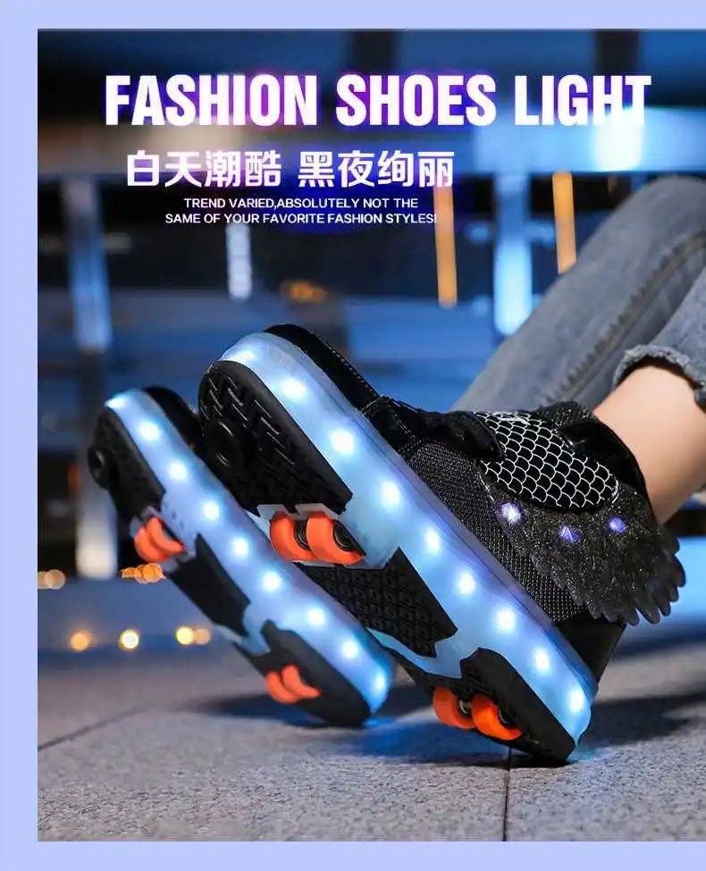 USB Chargable LED Light Up Roller Shoes Wheeled Skate Sneaker Shoes for Boys Girls Kids Light up Flashing High-top Wings Sneakers Boys Girls Trainers for Festivals  Party Great Gifts 29-38 Size