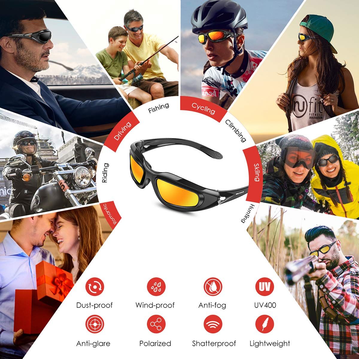 Latest Motorcycle Riding Glasses Goggles for Unisex Outdoor Activity, Windproof Anti-dust Sunglasses 4 Interchangeable Lens Kit & Case, UV400 Protective Eyewear for Driving Cycling Day and Night