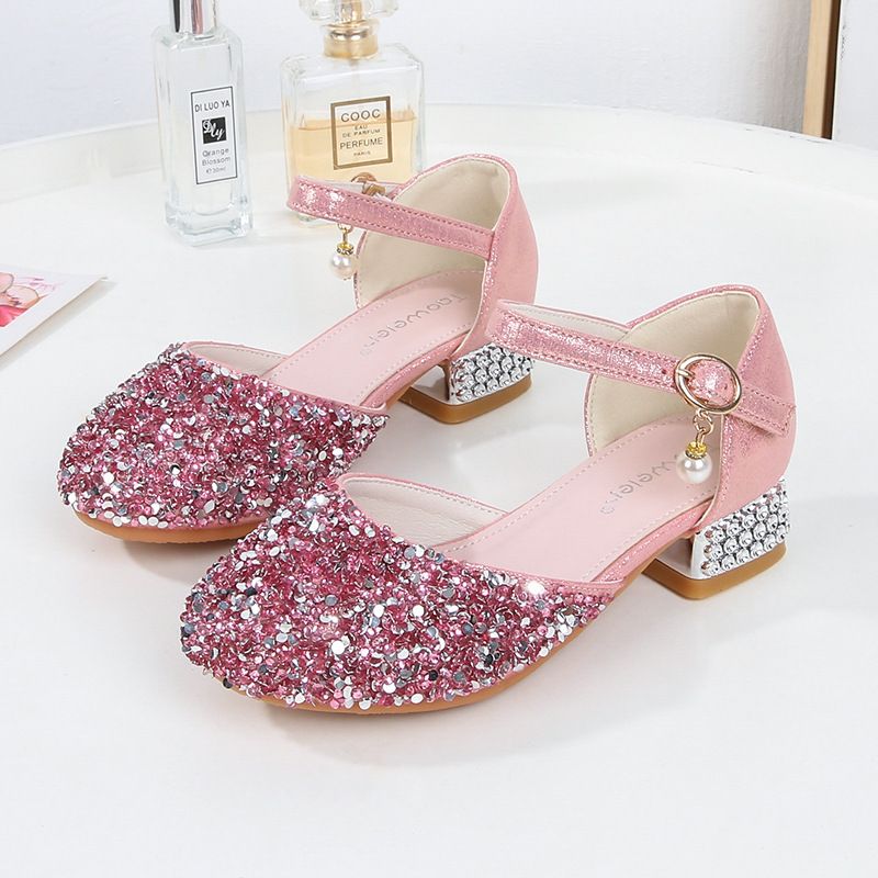 Girls Silver Princess Shoes Children's High Heels Rhinestone Sequins Student Performance Shoes Runway Piano Summer Kids Sandals Shoe for Party Birthday Fashion Non-slip diamond Shoes
