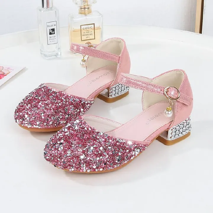 Girls Silver Princess Shoes Children's High Heels Rhinestone Sequins Student Performance Shoes Runway Piano Summer Kids Sandals Shoe for Party Birthday Fashion Non-slip diamond Shoes