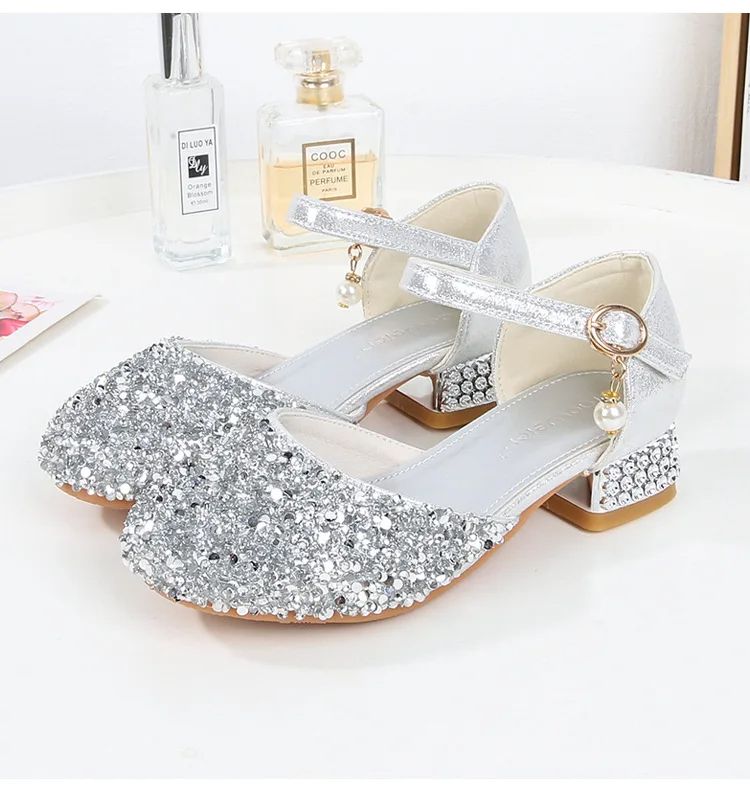 Girls Silver Princess Shoes Children's High Heels Rhinestone Sequins Student Performance Shoes Runway Piano Summer Kids Sandals Shoe for Party Birthday Fashion Non-slip diamond Shoes
