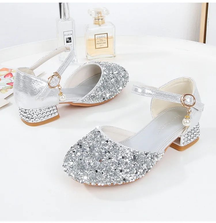 Girls Silver Princess Shoes Children's High Heels Rhinestone Sequins Student Performance Shoes Runway Piano Summer Kids Sandals Shoe for Party Birthday Fashion Non-slip diamond Shoes
