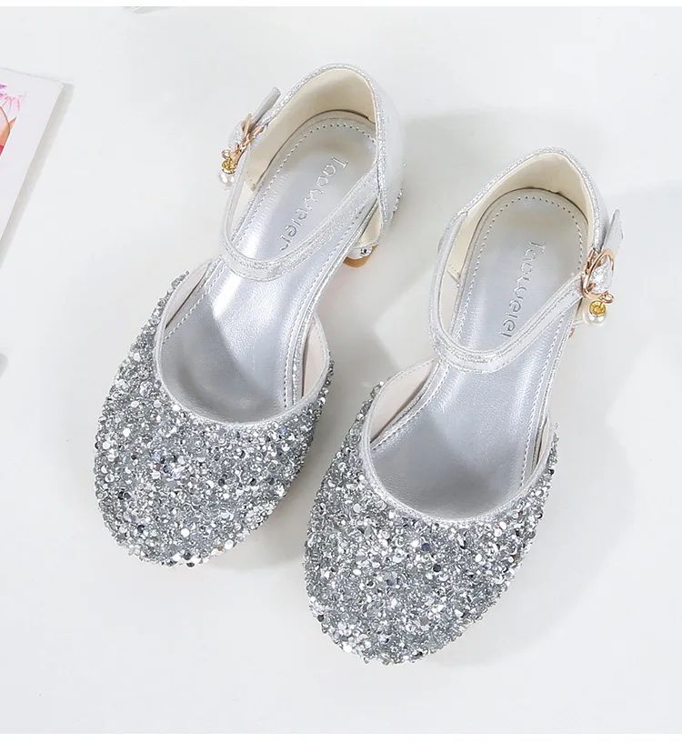 Girls Silver Princess Shoes Children's High Heels Rhinestone Sequins Student Performance Shoes Runway Piano Summer Kids Sandals Shoe for Party Birthday Fashion Non-slip diamond Shoes