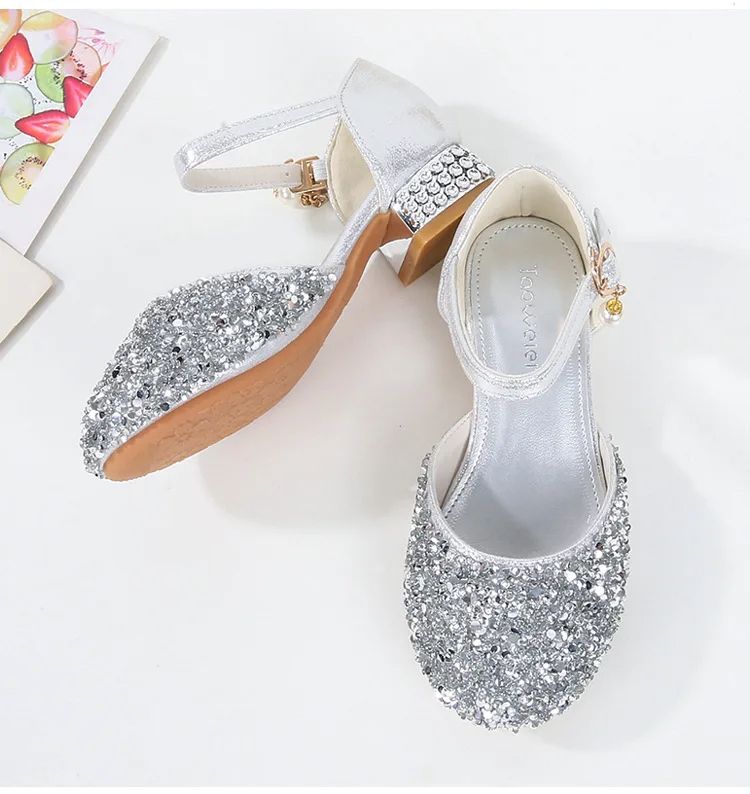 Girls Silver Princess Shoes Children's High Heels Rhinestone Sequins Student Performance Shoes Runway Piano Summer Kids Sandals Shoe for Party Birthday Fashion Non-slip diamond Shoes