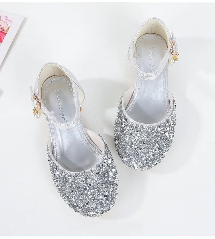 Girls Silver Princess Shoes Children's High Heels Rhinestone Sequins Student Performance Shoes Runway Piano Summer Kids Sandals Shoe for Party Birthday Fashion Non-slip diamond Shoes