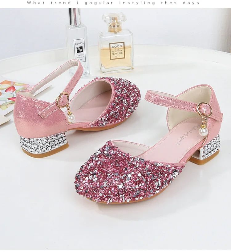 Girls Silver Princess Shoes Children's High Heels Rhinestone Sequins Student Performance Shoes Runway Piano Summer Kids Sandals Shoe for Party Birthday Fashion Non-slip diamond Shoes