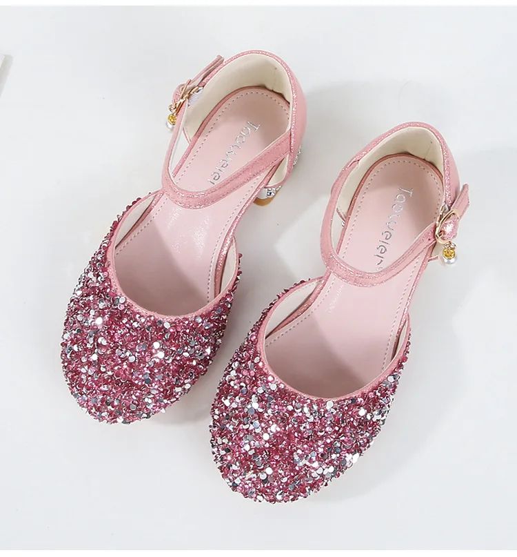 Girls Silver Princess Shoes Children's High Heels Rhinestone Sequins Student Performance Shoes Runway Piano Summer Kids Sandals Shoe for Party Birthday Fashion Non-slip diamond Shoes