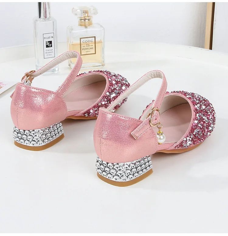 Girls Silver Princess Shoes Children's High Heels Rhinestone Sequins Student Performance Shoes Runway Piano Summer Kids Sandals Shoe for Party Birthday Fashion Non-slip diamond Shoes