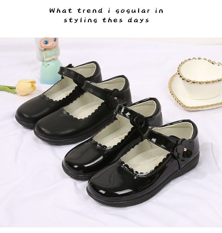 Students Leather Leather School Shoes Princess Flats Black Children's Cuhk Campus Girl's Black Single Shoes Etiquette Size 26-38