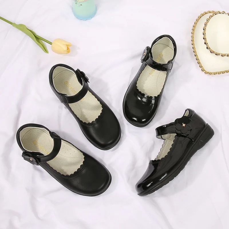Students Leather Leather School Shoes Princess Flats Black Children's Cuhk Campus Girl's Black Single Shoes Etiquette Size 26-38