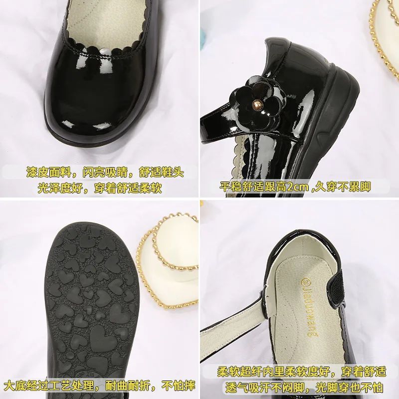 Students Leather Leather School Shoes Princess Flats Black Children's Cuhk Campus Girl's Black Single Shoes Etiquette Size 26-38