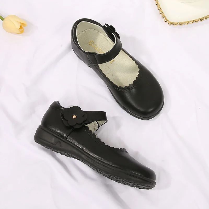 Students Leather Leather School Shoes Princess Flats Black Children's Cuhk Campus Girl's Black Single Shoes Etiquette Size 26-38