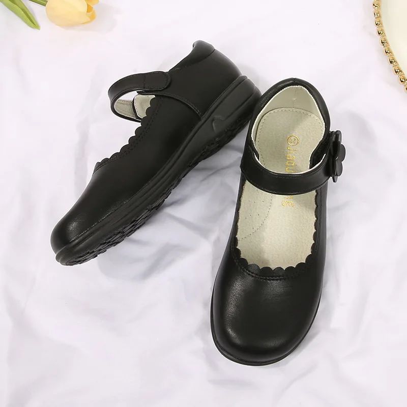 Students Leather Leather School Shoes Princess Flats Black Children's Cuhk Campus Girl's Black Single Shoes Etiquette Size 26-38