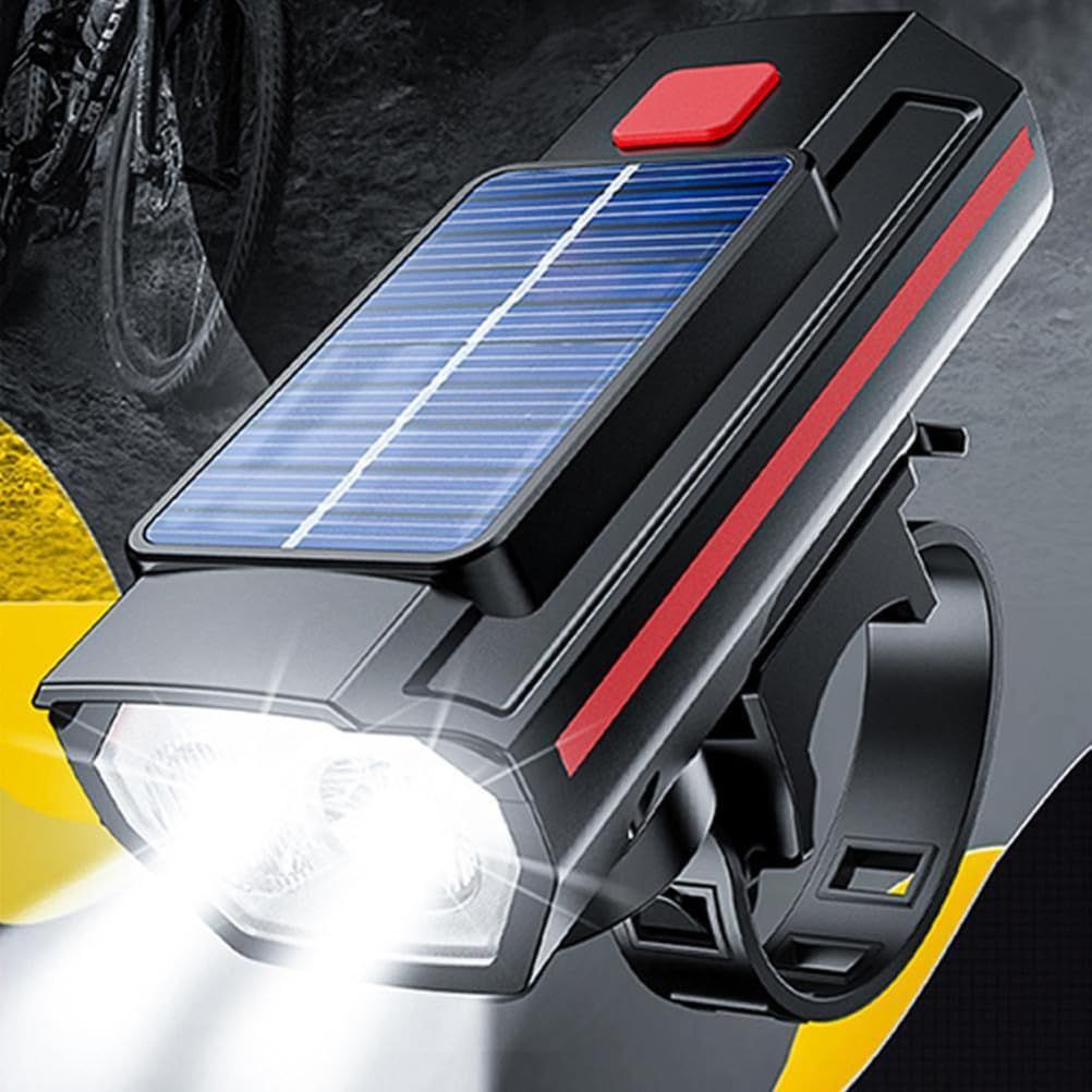 Solar Powered LED Bicycle Headlight Type-C USB Rechargeable Bike Head Light Front Lamps with Horn