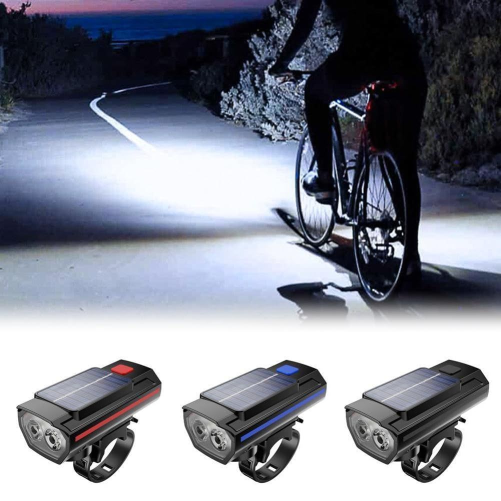 Solar Powered LED Bicycle Headlight Type-C USB Rechargeable Bike Head Light Front Lamps with Horn