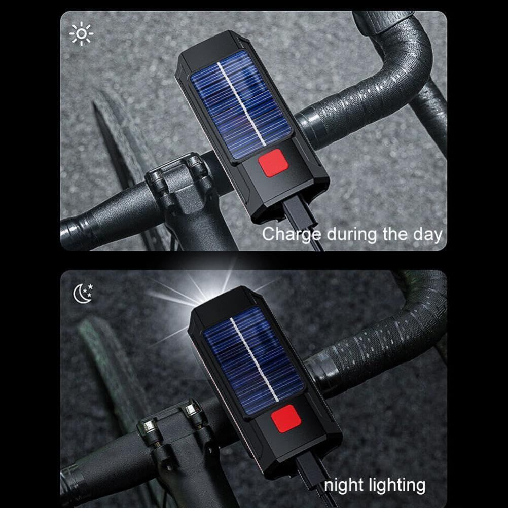 Solar Powered LED Bicycle Headlight Type-C USB Rechargeable Bike Head Light Front Lamps with Horn