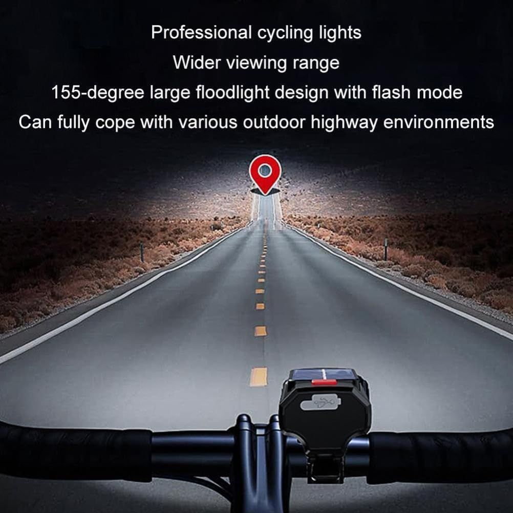 Solar Powered LED Bicycle Headlight Type-C USB Rechargeable Bike Head Light Front Lamps with Horn