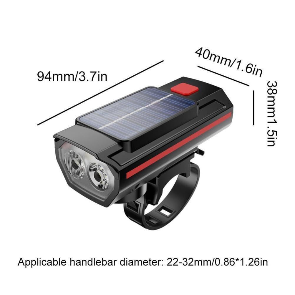 Solar Powered LED Bicycle Headlight Type-C USB Rechargeable Bike Head Light Front Lamps with Horn
