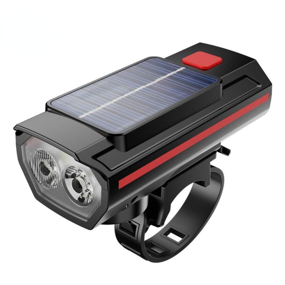 Solar Powered LED Bicycle Headlight Type-C USB Rechargeable Bike Head Light Front Lamps with Horn