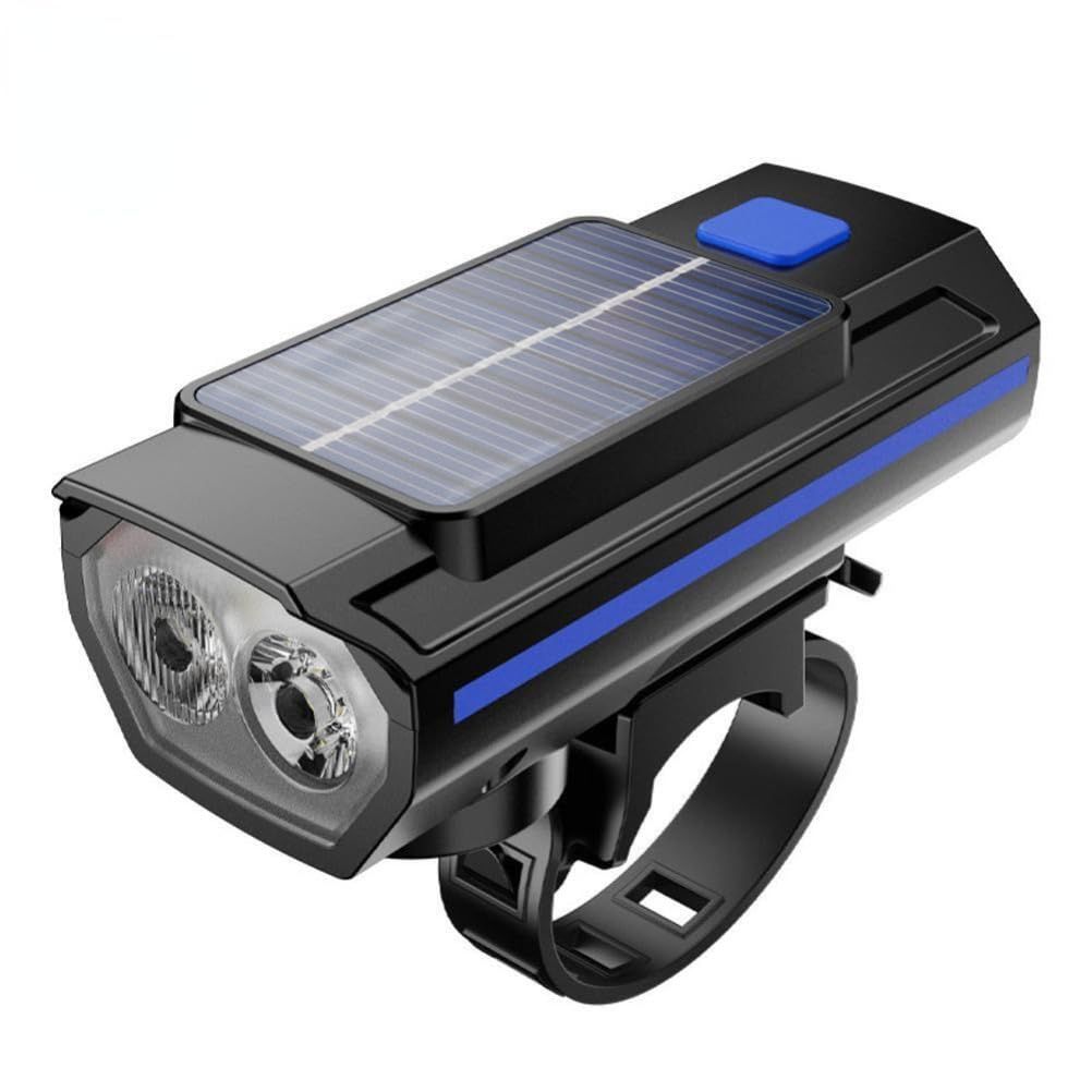 Solar Powered LED Bicycle Headlight Type-C USB Rechargeable Bike Head Light Front Lamps with Horn