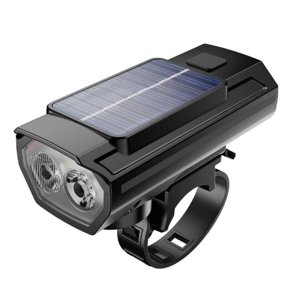 Solar Powered LED Bicycle Headlight Type-C USB Rechargeable Bike Head Light Front Lamps with Horn