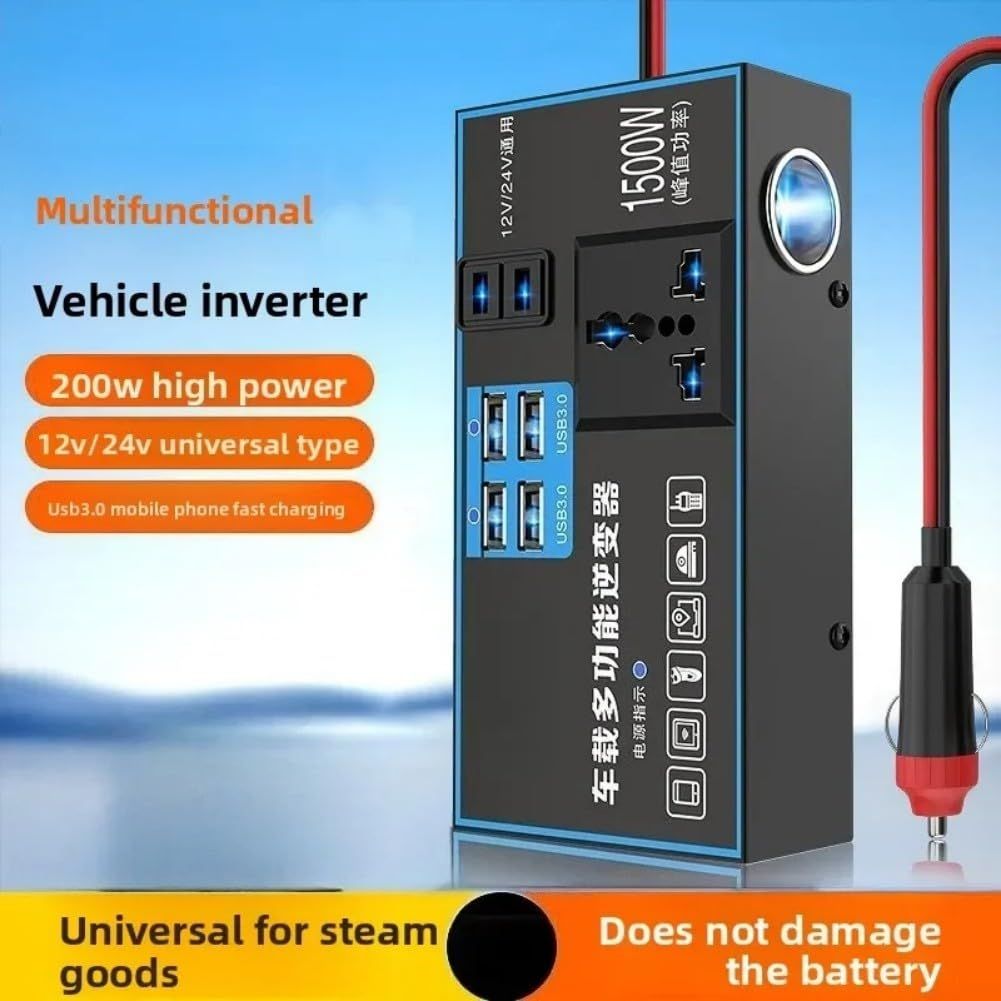 Car And Truck Inverter 12V 24V To 220V Power Converter With Dual Socket Output, USB PD Fast Charging, And Overload Protection For Vehicle Devices