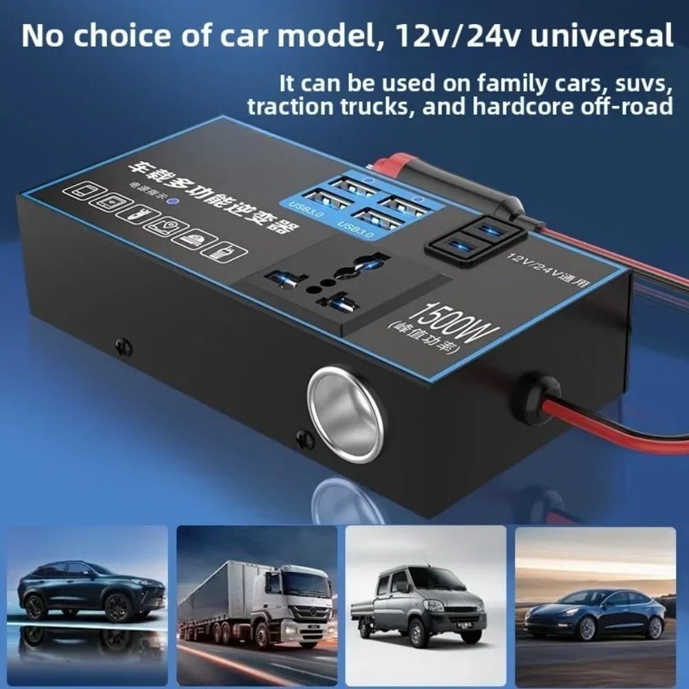 Car And Truck Inverter 12V 24V To 220V Power Converter With Dual Socket Output, USB PD Fast Charging, And Overload Protection For Vehicle Devices