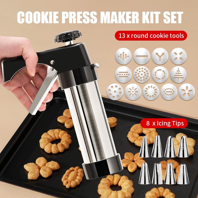 Stainless Steel Cookies Press Cookie Press  Kit for with 8 Piping Tips and 13 Discs for DIY Maker and Decorating Baking Supplies Cake Icing Decorating Set DIY Christmas Cookies and Decorating
