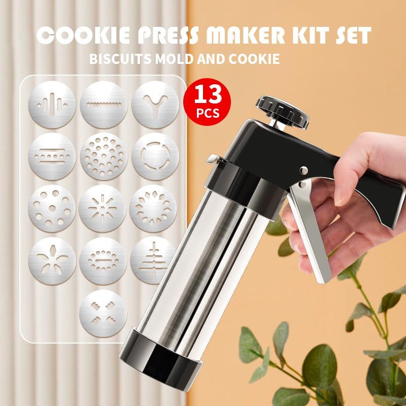Stainless Steel Cookies Press Cookie Press  Kit for with 8 Piping Tips and 13 Discs for DIY Maker and Decorating Baking Supplies Cake Icing Decorating Set DIY Christmas Cookies and Decorating