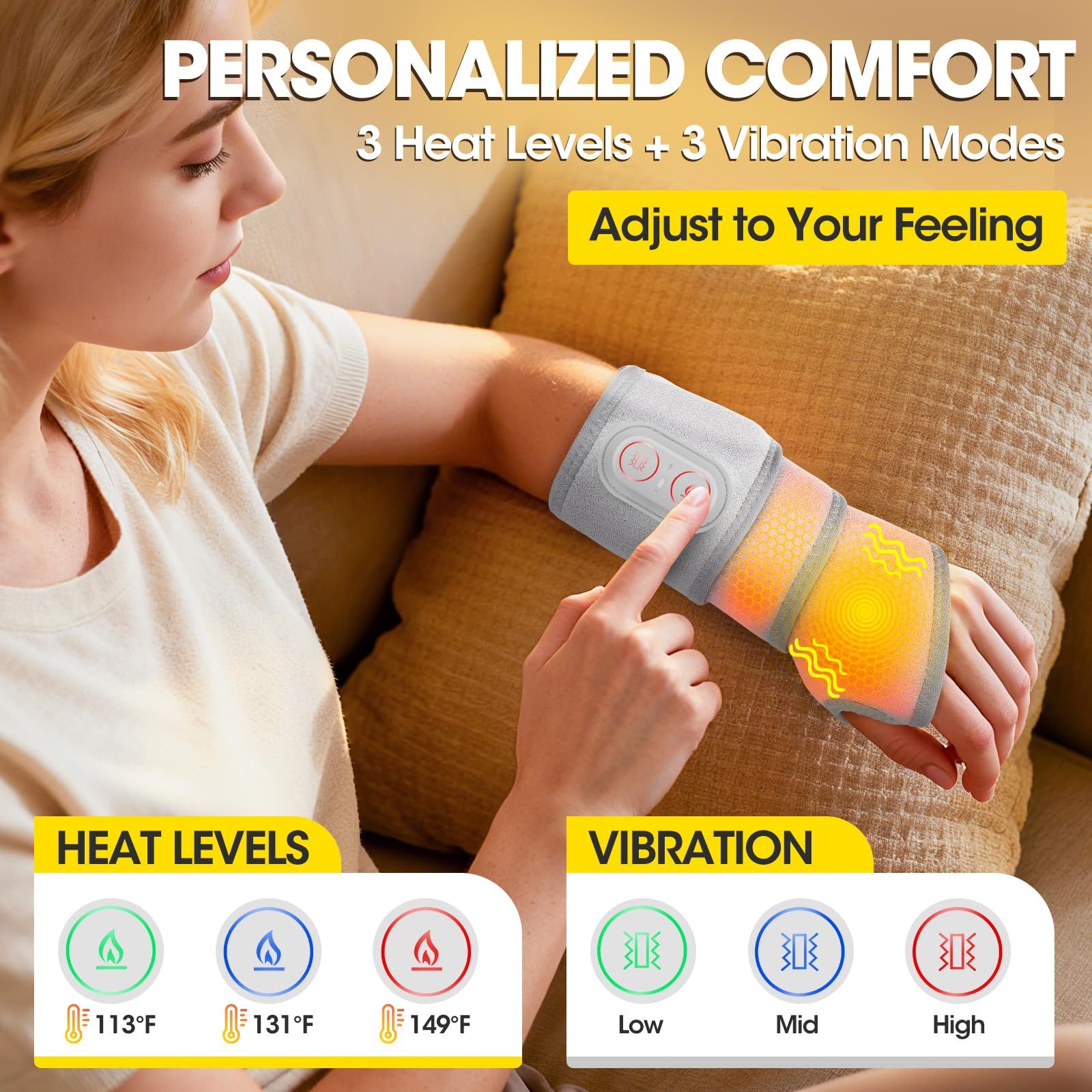 Multifunctional Heating Wrist Protector Massager Heat Health Care Device Cordless Heating Wrist Band Hot Compress Vibration Massage Belt for Hand/Ankle/Knee/Foot Joint Care Hot Therapy Best Gift
