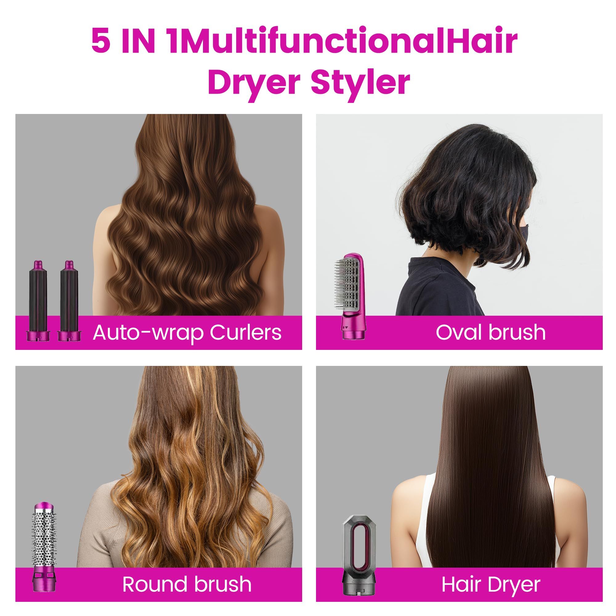 5-In-1 Electric Hair Dryer Hair Comb Negative Ion Straight Curler Brush Blow Dryer Air Comb Removable Brush Kit Tool Hair Dryer Brush Professional Hot Air Brush Set for  Fast Drying Hair Styler