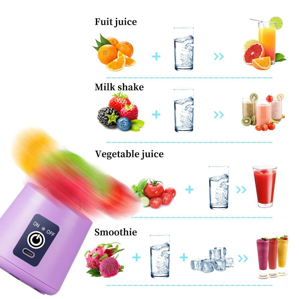 Electric Portable Blender Personal Juicer Cup, 380ml Handheld Fruit Mixer Machine USB Rechargeable with 6 Power Blades Travel Blender for Smoothies and Shakes Freshly Squeezed for Picnic/Sports/Office