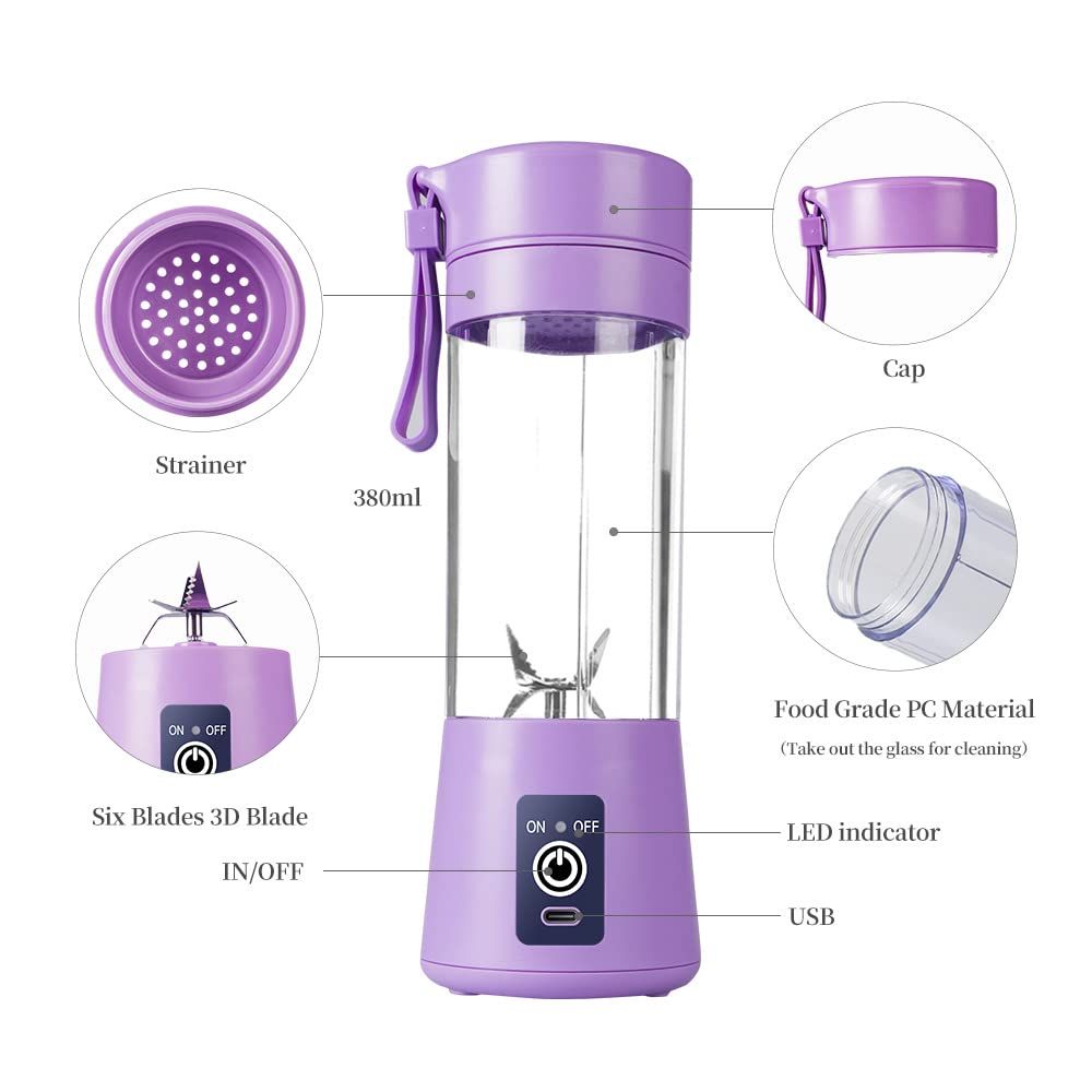 Electric Portable Blender Personal Juicer Cup, 380ml Handheld Fruit Mixer Machine USB Rechargeable with 6 Power Blades Travel Blender for Smoothies and Shakes Freshly Squeezed for Picnic/Sports/Office