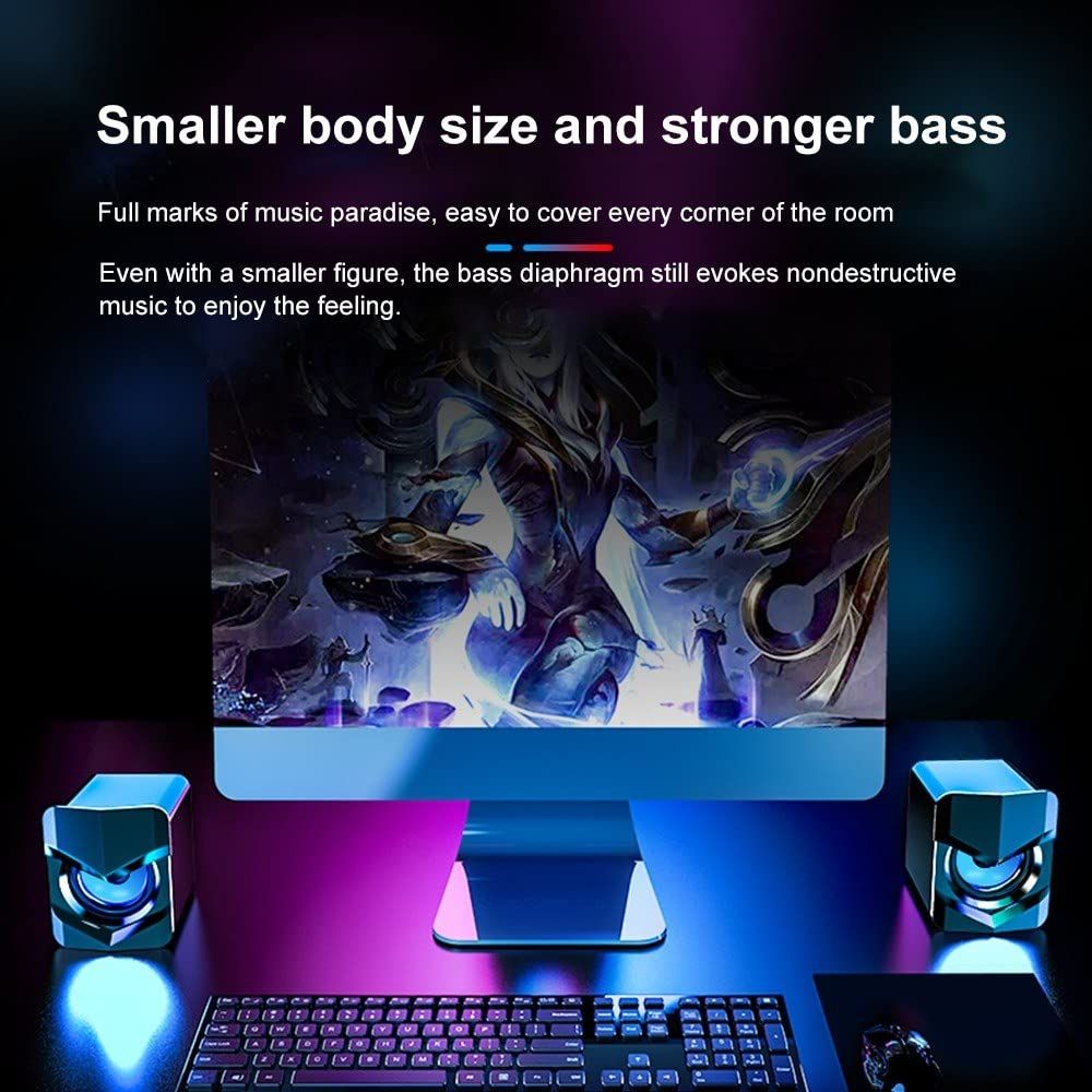 Subwoofer RGB Light USB Speaker AUX Audio Portable Wired Small PC Speaker Gaming Speakers with Cool LED Lights USB Volume Control 3.5 mm Stereo Sound Gaming Speakers for PC Smartphone Tablet