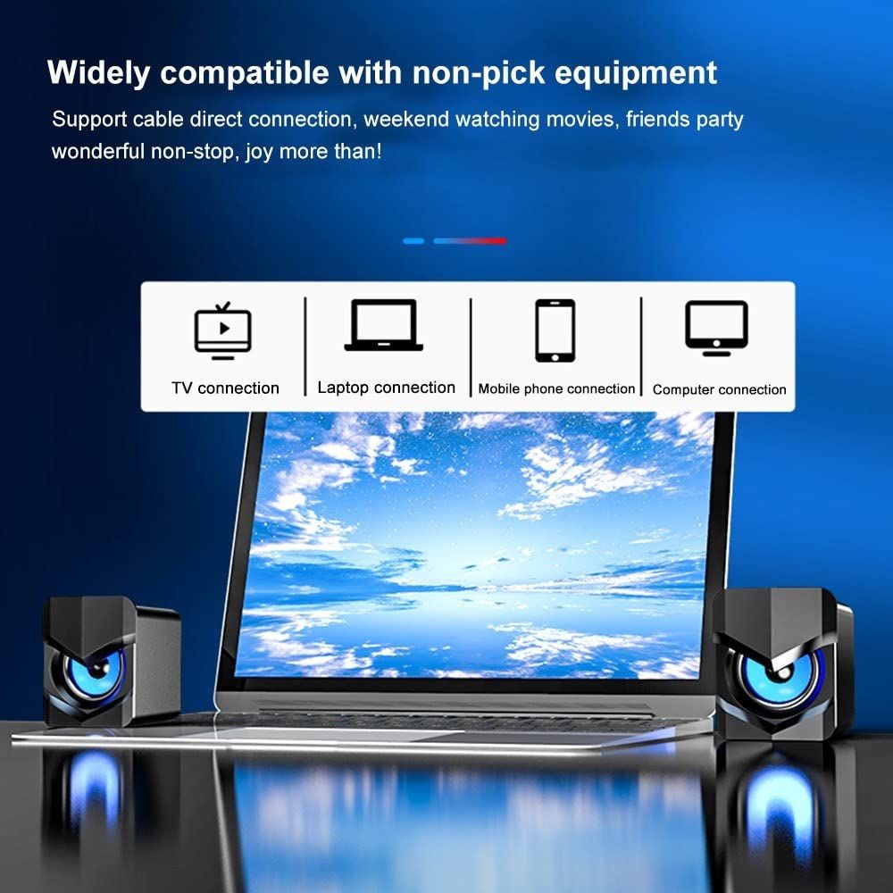 Subwoofer RGB Light USB Speaker AUX Audio Portable Wired Small PC Speaker Gaming Speakers with Cool LED Lights USB Volume Control 3.5 mm Stereo Sound Gaming Speakers for PC Smartphone Tablet