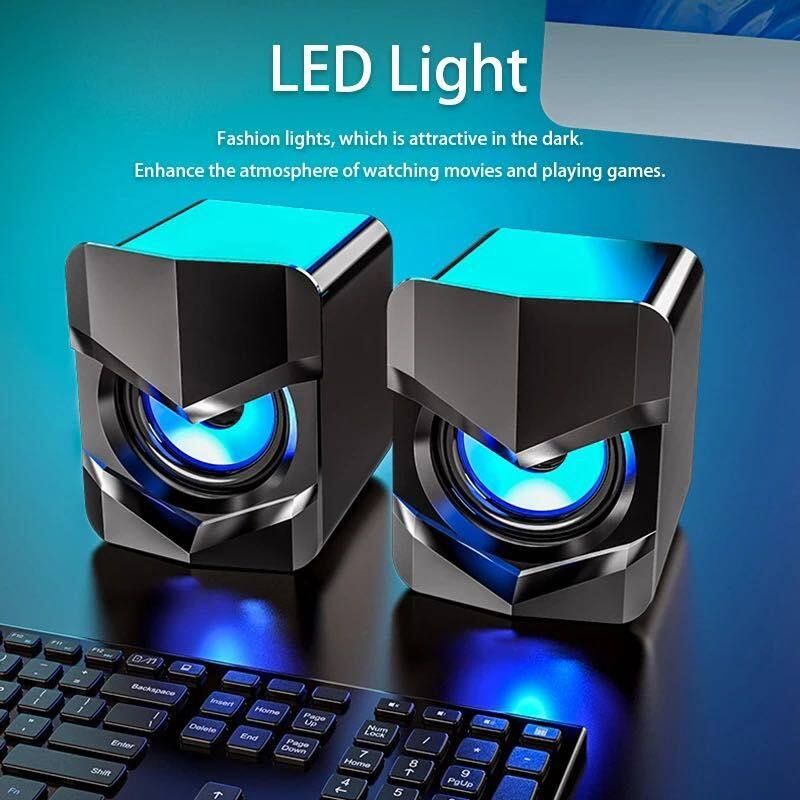 Subwoofer RGB Light USB Speaker AUX Audio Portable Wired Small PC Speaker Gaming Speakers with Cool LED Lights USB Volume Control 3.5 mm Stereo Sound Gaming Speakers for PC Smartphone Tablet
