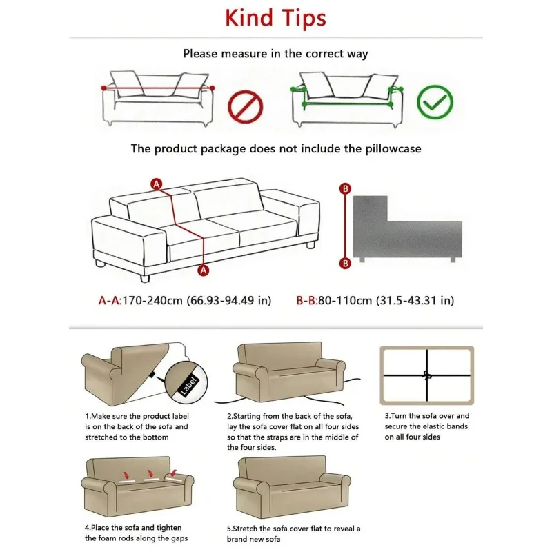 Anti-slip and Dust-proof Fabric Sofa Cover, Nordic-style Elastic Sofa Cover Fabric All-season All-purpose Sand Hair Towel Elastic Solid Color 1-5 Seater Sofa Cover, Extendable Dustproof Washable Cover