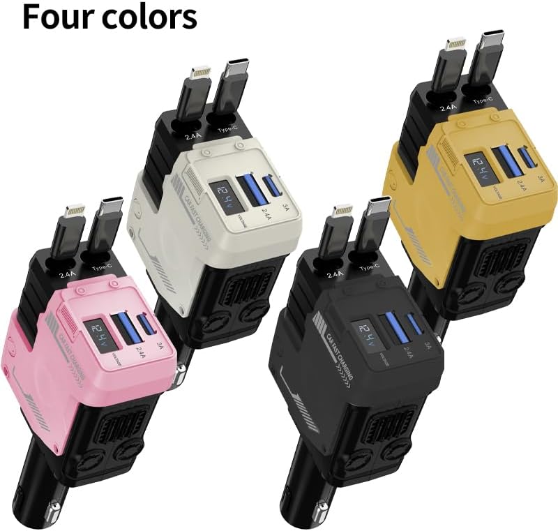 Total 120W Car Lighter Adapter USB Type C 4 in 1, Fast Charger Telescopic Cable, Supports Super Fast Charging(Max 66W), Digital Voltmeter and Mecha Style Design