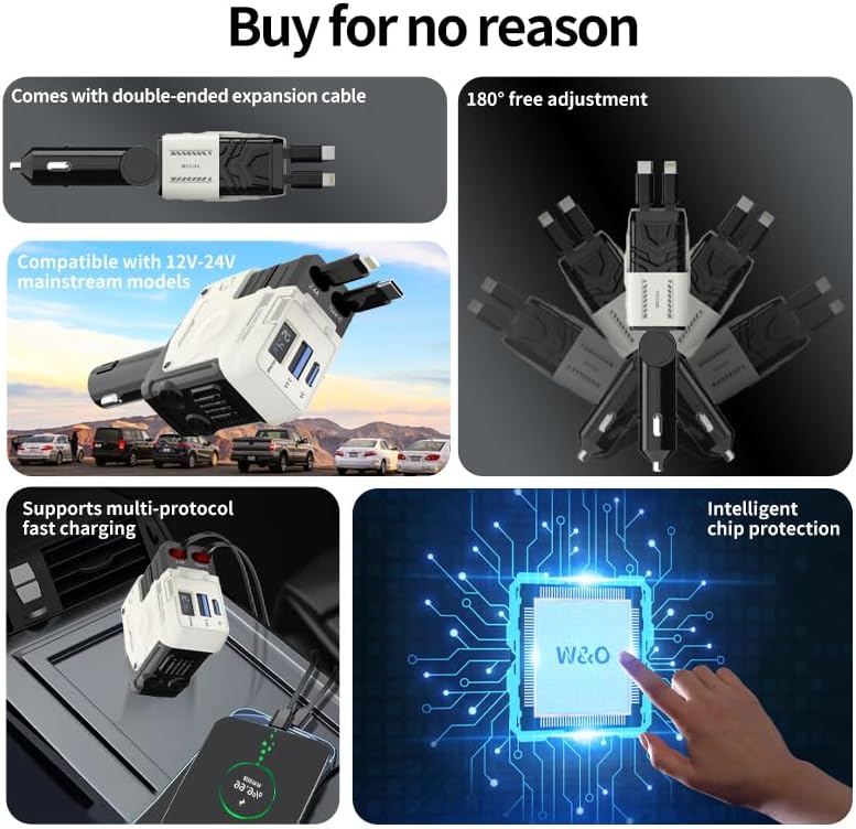 Total 120W Car Lighter Adapter USB Type C 4 in 1, Fast Charger Telescopic Cable, Supports Super Fast Charging(Max 66W), Digital Voltmeter and Mecha Style Design