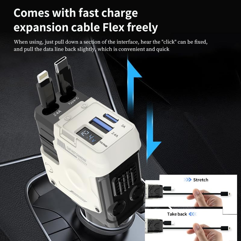 Total 120W Car Lighter Adapter USB Type C 4 in 1, Fast Charger Telescopic Cable, Supports Super Fast Charging(Max 66W), Digital Voltmeter and Mecha Style Design