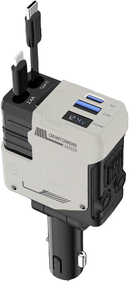 Total 120W Car Lighter Adapter USB Type C 4 in 1, Fast Charger Telescopic Cable, Supports Super Fast Charging(Max 66W), Digital Voltmeter and Mecha Style Design