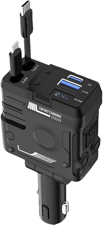 Total 120W Car Lighter Adapter USB Type C 4 in 1, Fast Charger Telescopic Cable, Supports Super Fast Charging(Max 66W), Digital Voltmeter and Mecha Style Design