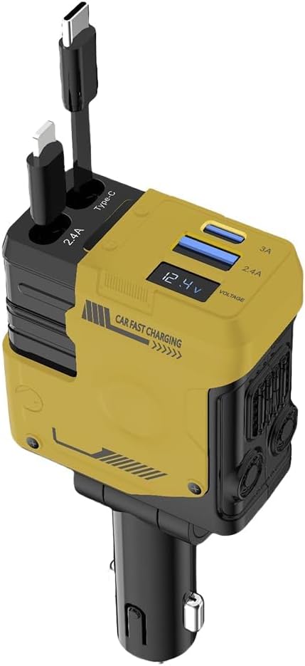 Total 120W Car Lighter Adapter USB Type C 4 in 1, Fast Charger Telescopic Cable, Supports Super Fast Charging(Max 66W), Digital Voltmeter and Mecha Style Design