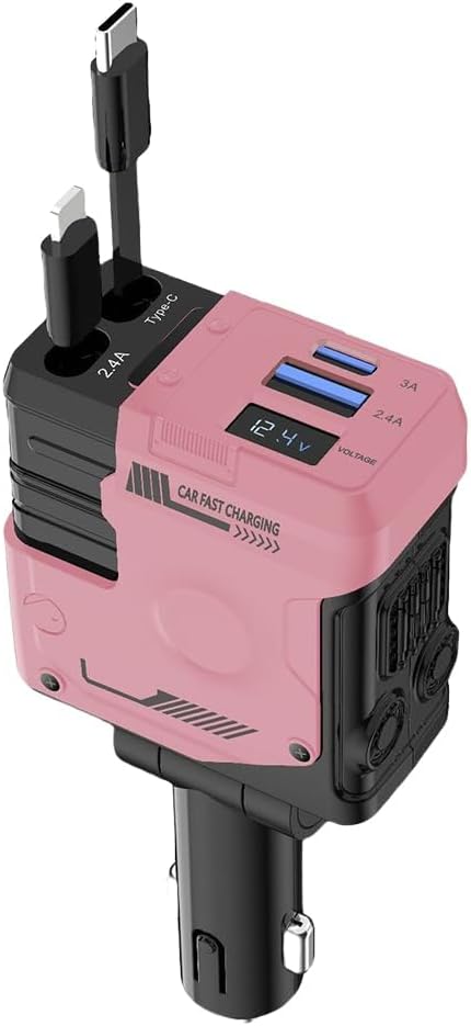 Total 120W Car Lighter Adapter USB Type C 4 in 1, Fast Charger Telescopic Cable, Supports Super Fast Charging(Max 66W), Digital Voltmeter and Mecha Style Design