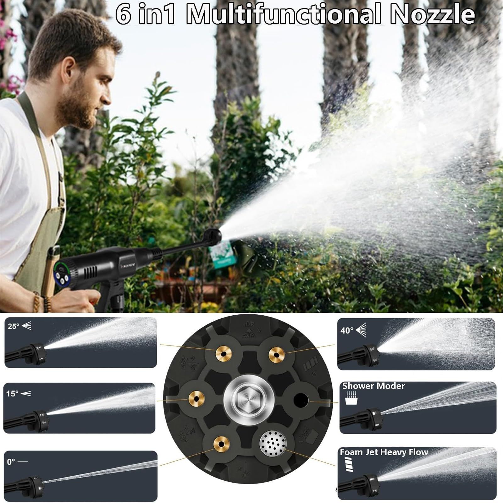 Electric Power Washer High Pressure Water Gun, Cordless Pressure Washer Gun, Portable Power Washer, Battery Operated Power Washer, 6 in 1 Spray Nozzles Car Washer,3  Gear Speed Pressure Cleaner