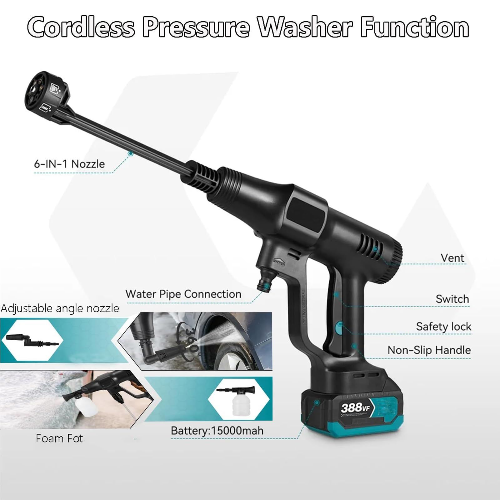 Electric Power Washer High Pressure Water Gun, Cordless Pressure Washer Gun, Portable Power Washer, Battery Operated Power Washer, 6 in 1 Spray Nozzles Car Washer,3  Gear Speed Pressure Cleaner